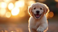 Adorable golden retriever puppy running towards camera with joyful expression against warm bokeh lights background for pet care and family content.