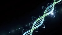 Glowing DNA double helix structure with luminous genetic code strands on dark background for biotechnology and medical research applications.