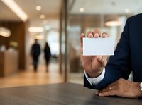 Businessman in dark suit holding blank white business card in modern office lobby with blurred background, corporate networking and professional identity concept.