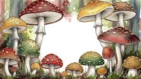 Watercolor mushroom frame with colorful toadstools and fungi creating decorative border for autumn forest design projects and seasonal artwork.