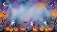 Spooky nighttime scene with glowing jack-o-lanterns, flying ghosts and bats, bare trees, crescent moons, and stars against a purple, blue, and orange watercolor sky. Halloween celebration backdrop.