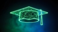 Neon green graduation cap with geometric wireframe design glowing against dark blue background for education technology concepts and academic achievement.