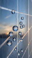 Water droplets on glass shower door with geometric tile pattern creating abstract reflections and transparency effects for bathroom design concepts.