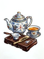 Ornate porcelain teapot with blue and white decorative patterns, matching teacup filled with tea, strainer, and wooden serving tray with carved details. Isolated clipart suitable for tea service designs, menus, and hospitality branding.