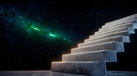 Mystical stone stairway ascending into starry cosmos with glowing green nebula, symbolizing journey, achievement, and spiritual growth against dark space background.