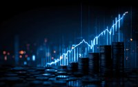 Stacks of coins with glowing blue financial chart showing upward trend against dark background, representing investment growth and market success.