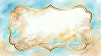 Ornate gold frame with watercolor beach scene featuring turquoise water, sandy tones, and tropical palm leaves on isolated white background, ready for invitations and design projects.