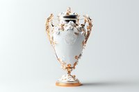 Elegant white porcelain vase with ornate gold cherub decorations and floral motifs on light background, classical European style antique urn with baroque details.
