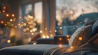 Cozy winter evening with warm glowing lights and bokeh effect through window, soft bed with pillows in foreground creating peaceful atmospheric mood.