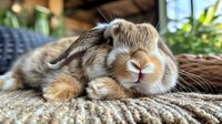 Adorable brown and white bunny sleeping peacefully on textured carpet, close-up view showing fluffy fur and gentle expression in natural lighting.