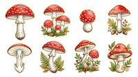 Red fly agaric mushrooms with white spots isolated on white background, ready for design use on textiles, clipart, and decorative projects.