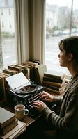 Young woman writer typing on vintage typewriter by rainy window with books and coffee cup creating cozy literary atmosphere for creative writing projects.