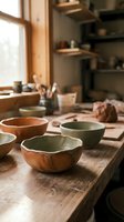 Handmade ceramic bowls on wooden table in pottery studio workshop with natural light and artisan tools creating warm artistic atmosphere.