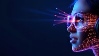 Futuristic profile of woman with glowing digital wireframe overlay and neon glasses against dark background, representing artificial intelligence and virtual reality.
