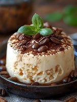 Creamy panna cotta dessert topped with coffee beans, chocolate powder and fresh basil leaf on dark plate, macro food photography with selective focus.