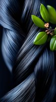Silky smooth black feathers with green leaves creating dramatic contrast and texture. Natural light highlights delicate feather details against dark background.