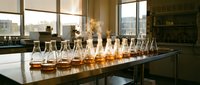 Laboratory glassware with amber liquid samples arranged on modern lab bench in bright research facility with large windows and professional equipment.