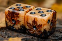Decorative gaming dice with autumn maple leaf design and marbled effect on wooden surface, featuring detailed craftsmanship and seasonal motif.