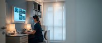Young professional woman working late at modern home office desk with laptop computer in evening light creating productive workspace atmosphere.
