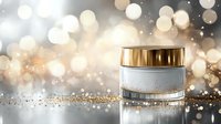 Luxury cosmetic cream jar on sparkly golden background with bokeh lights and glitter. Premium skincare product photography for beauty and wellness advertising.