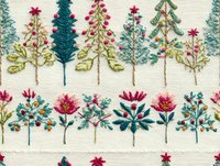 Embroidered botanical pattern with colorful trees and flowers on natural linen fabric, featuring folk art style stitching in teal, pink, and green hues.