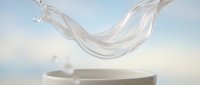 Translucent fabric flowing above cylindrical white podium against soft blue sky background, suitable for product display and cosmetic advertising.