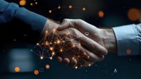 Digital network lines and glowing dots overlay business handshake representing technological partnership, innovation and digital transformation in dark background.