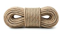 Coiled natural fiber rope with wrapped center section, suitable for nautical, construction, camping, and DIY projects.