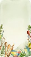 Watercolor kitchen border frame with cooking utensils, herbs, olive oil, teapot and bowl, soft green background with copy space for recipe cards.