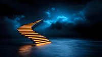 Glowing stairway floating over dark water against dramatic night sky with storm clouds, illuminated steps leading upward creating surreal mystical atmosphere.