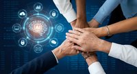 Business team hands together with digital technology icons and network connections representing teamwork and collaboration in modern workplace.