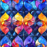 Vibrant stained glass mosaic pattern in blue, orange, and purple hues creates kaleidoscopic effect with curved shapes forming seamless repeating design for fabric and wallpaper.