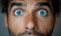 Close up portrait of young bearded man with bright blue eyes expressing extreme surprise and shock, dramatic lighting emphasizes emotional intensity.