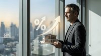 Mature male real estate professional in business suit holding house model with percentage and growth arrow symbols on window, cityscape background, representing property investment and market growth.