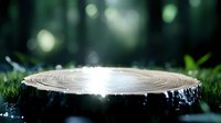 Natural wood log cross-section with tree rings on green grass in forest setting with bokeh light effects for organic product display and nature themes.