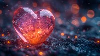 Glowing crystal heart on dark surface with magical bokeh lights and sparkles, romantic mood with orange and red illumination in mystical atmosphere.
