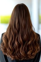 Woman with long wavy brown hair viewed from behind showing healthy shiny locks with natural highlights and voluminous texture for hair care and beauty concepts.