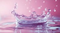 Crown-shaped water splash with droplets frozen in motion against pink background, creating dynamic liquid sculpture with crystal clear ripples and reflective surface.