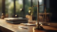 Golden scales of justice on wooden desk with soft bokeh background, symbolizing law, legal services, and courtroom proceedings.