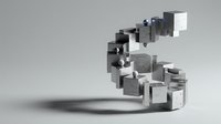 Abstract metallic cubes floating in dynamic spiral formation on gray background for modern business concepts and digital transformation presentations.