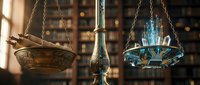 Vintage brass scales of justice with ornate details in classic library setting with warm lighting and blurred bookshelves creating professional legal atmosphere.