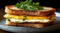 Grilled cheese sandwich with melted cheddar and fried egg on toasted sourdough bread, garnished with fresh parsley, close-up on rustic plate against dark background.