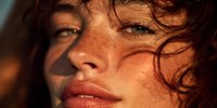 Young woman with freckles and curly hair in warm golden sunlight, natural beauty portrait with soft lighting for skincare and wellness campaigns.