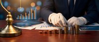 Professional businessman in dark suit analyzing financial data with stacked coins on wooden desk. Legal scales and charts visible in blurred background.