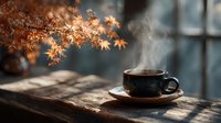 Steaming coffee cup on wooden table with autumn maple leaves and warm sunlight streaming through window creating cozy seasonal atmosphere for cafes and restaurants.