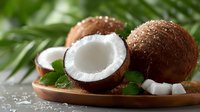 Fresh coconuts with white meat displayed on wooden plate with tropical palm leaves creating natural organic food presentation for healthy cooking recipes.