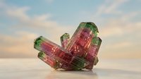 Watermelon tourmaline crystal cluster with pink and green zones on soft cloudy background for gemstone collection and mineral specimen display.