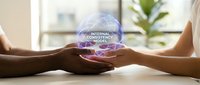 Two hands holding glowing digital globe with internal combustion text, representing energy technology and business innovation concepts for corporate presentations.