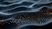 Abstract digital wave pattern with glowing orange particles flowing through dark rippling surface creating dynamic technological landscape for data visualization.