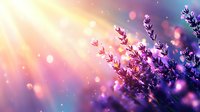 Dreamy lavender flowers in sunset light with bokeh effect and soft purple gradient background, creating magical nature atmosphere for romantic design.